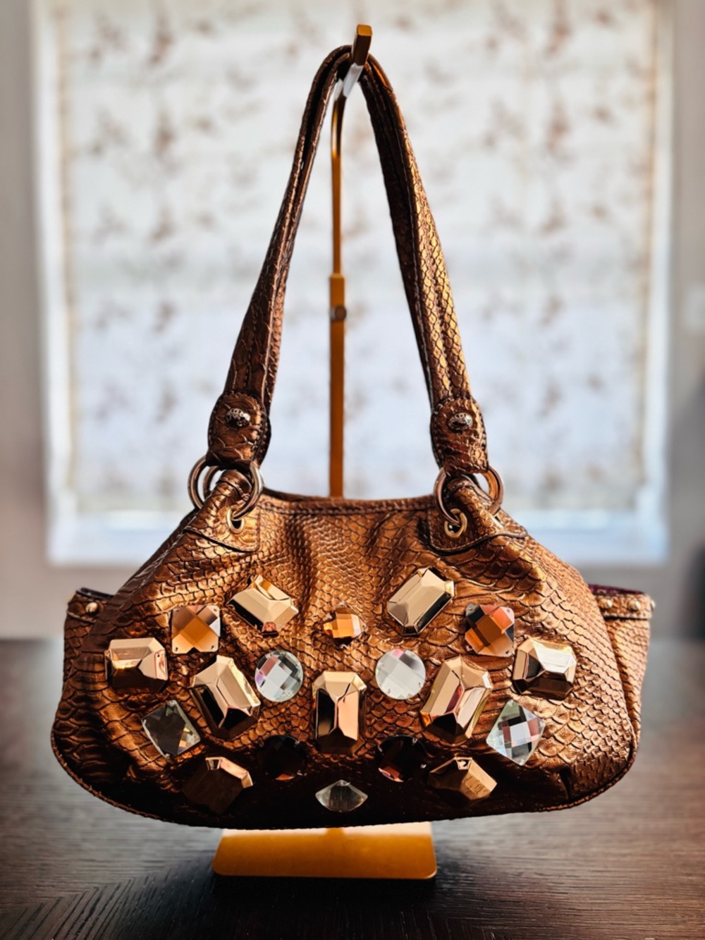 Kathy Van Zeeland Bronze Python Gem Embellished Y2K Glam Shoulder Bag